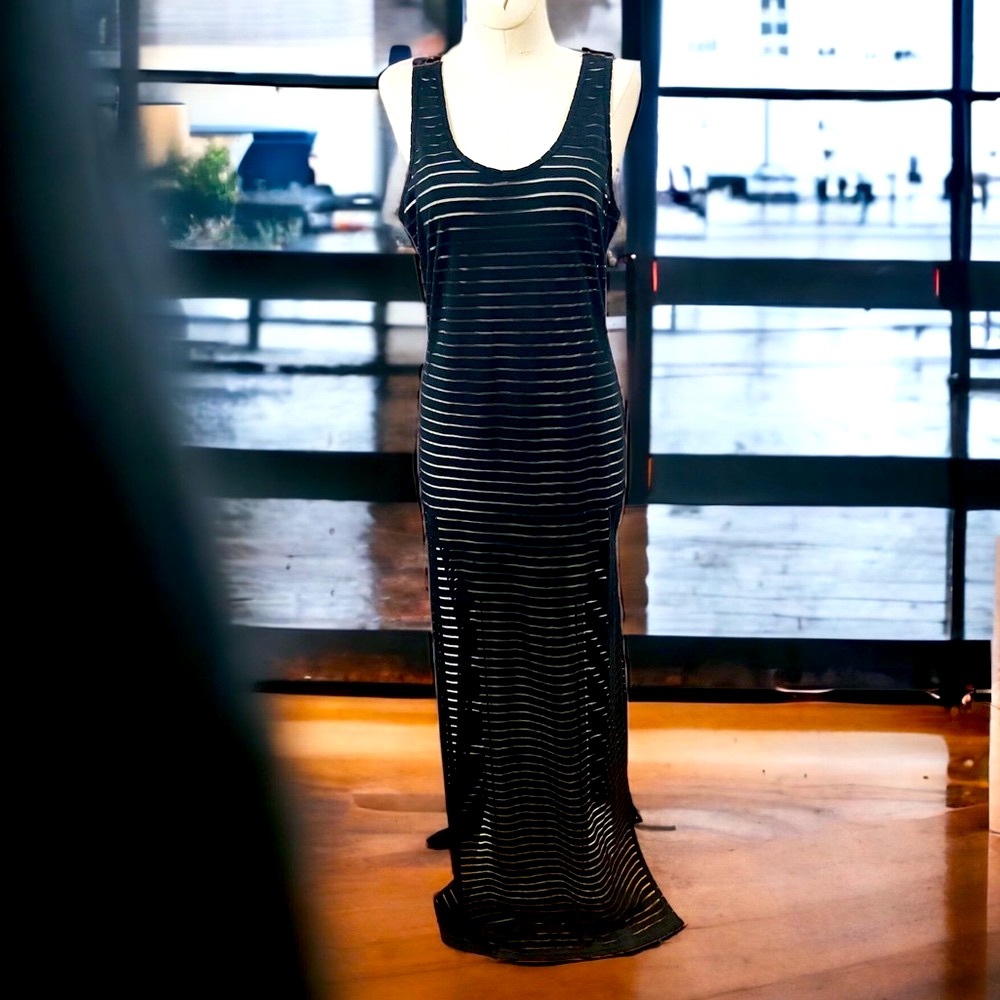 ELLIATT Flocked Black Sheer Striped Mesh Bodycon Maxi Dress #ES2091354 Size: S